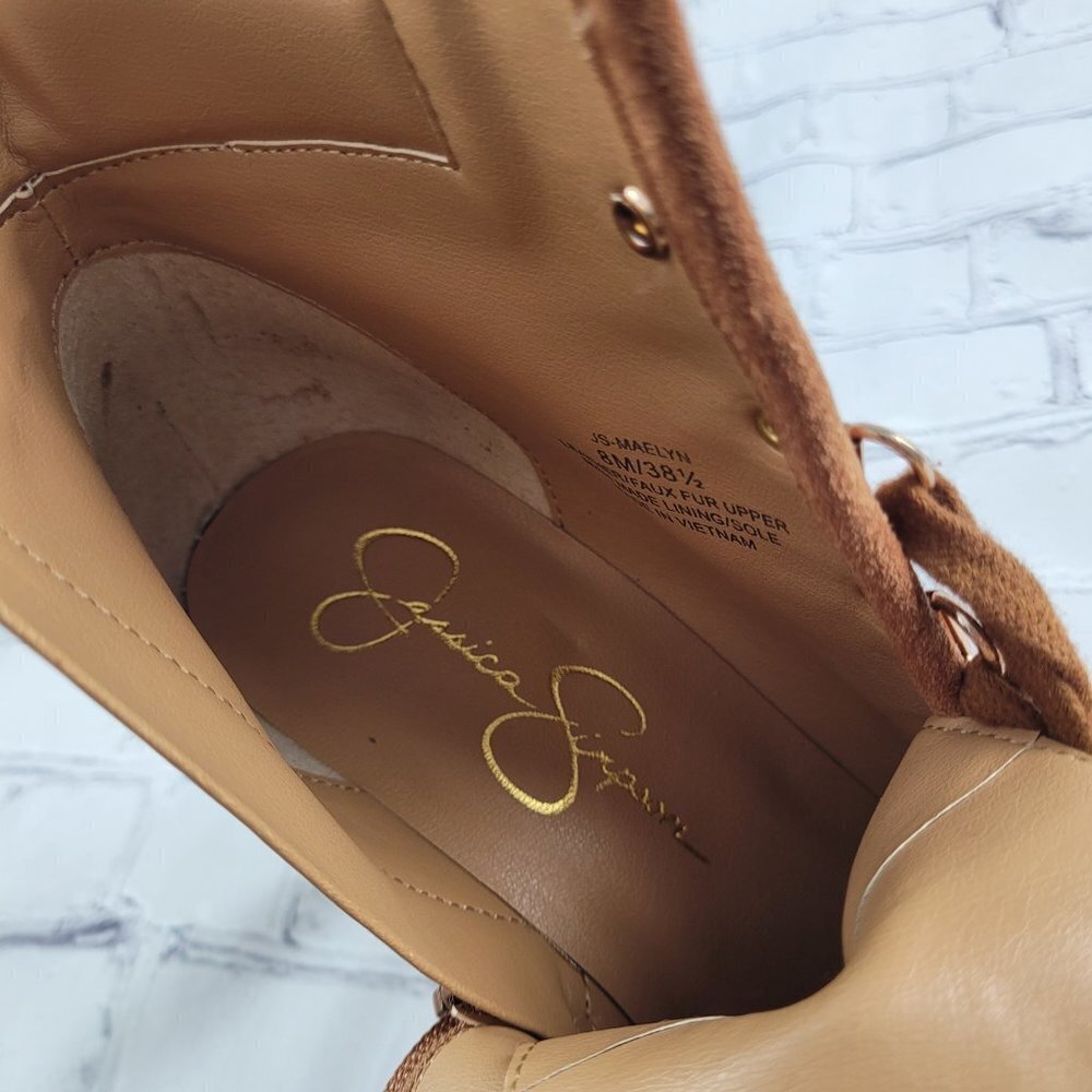 NEW Jessica Simpson Maelyn Wedge Bootie Brown Caramel Combo Leather Suede Sherpa - Picture 10 of 11